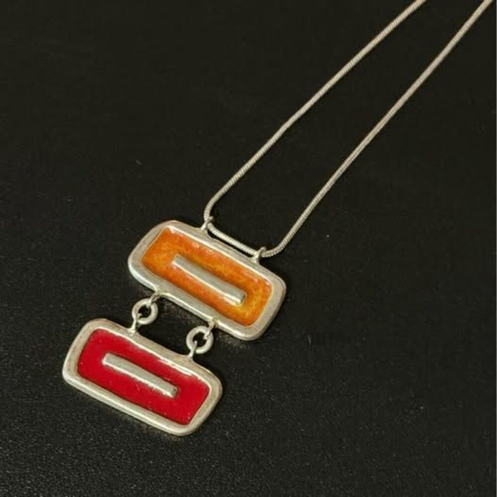 Vintage Sterling Silver Geometric Pendant Necklace – Red & Orange Enamel – 18”
